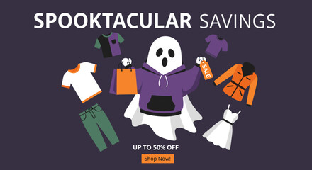 Cute ghost shopping surrounded by clothes with sale tag Spooktacular Halloween retail promotion big savings
