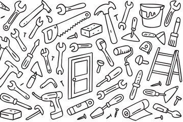 Hand tools illustration: hammer, wrench, screwdriver, ladder, saw, drill, door, bucket, roller. Vector doodle illustration