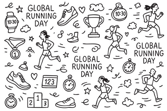 Global running day celebrations: runners, shoes, watches, and medals illustration. Vector doodle illustration
