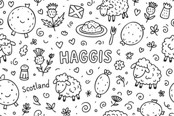 Scottish haggis pattern with sheep and scottish elements in black and white. Vector doodle illustration