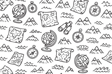 Seamless pattern of globes, maps, compasses, and mountains in black and white. Vector doodle illustration