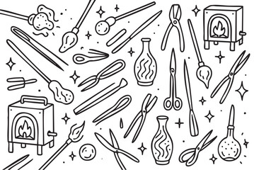 Seamless black and white pattern of glassblowing tools and furnaces for creative craft designs. Vector doodle illustration