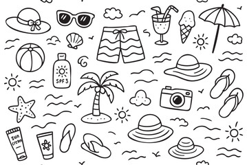 Summer beach doodles: vacation symbols including palm trees, sun hats, and ice cream. Vector doodle illustration