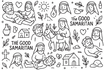 The good samaritan story depicted in biblical comic style with various scenes and symbols. Vector doodle illustration
