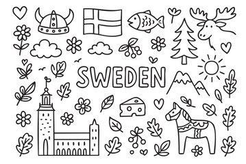 Sweden icons: dala horse, viking helmet, moose, cheese, flag, nature, culture. Vector doodle illustration