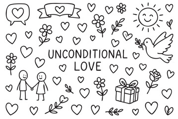 Unconditional love doodle with heart, flowers, and dove elements. Vector doodle illustration