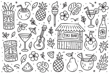 Tropical tiki bar elements with cocktails, pineapples, masks, and guitars. Vector doodle illustration