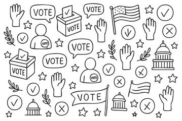 Voting icons: ballots, flags, and civic engagement symbols in black and white doodle style. Vector doodle illustration