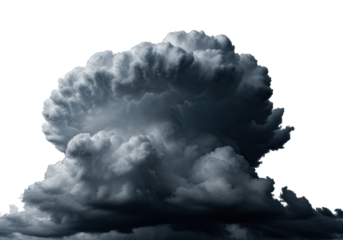 Colossal, dense, slate gray stratocumulus cloud with sharply defined turbulent edges against a transparent minimalist backdrop, dramatic chiaroscuro. Raw force of nature concept