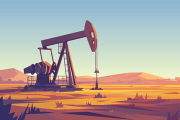 Fototapeta premium Cartoon oil well in the desert at sunset, vector illustration