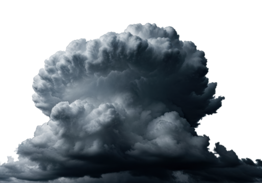 Colossal, dense, slate gray stratocumulus cloud with sharply defined turbulent edges against a transparent minimalist backdrop, dramatic chiaroscuro. Raw force of nature concept