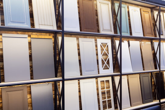 Various samples of kitchen facades in the showroom