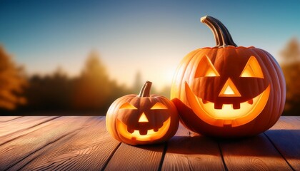 Halloween Festival Background Scary Carved Pumpkin Is Placed Next To An Uncarved Pumpkin On A Wooden Table In Evening Sunlight