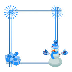 Holiday frame with snowflakes, snowman, gifts, and decorations vector illustration	