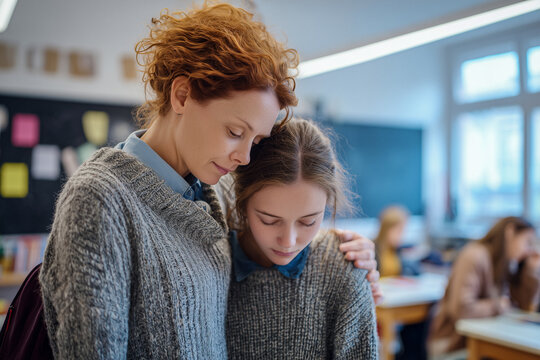 Lehrerin tröstet trauriges Schulkind im Klassenraum