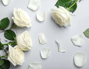 Elegant White Roses and Petals on Light Gray Background.