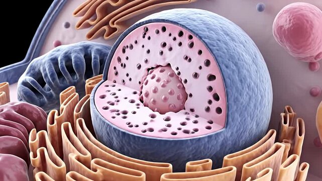Detailed 3D Rendering of a Cell Nucleus with Endoplasmic Reticulum Mitochondria and Ribosomes Showing Pink Nucleolus and Blue Nuclear Envelope against a Soft Pink Background with Realistic Textures