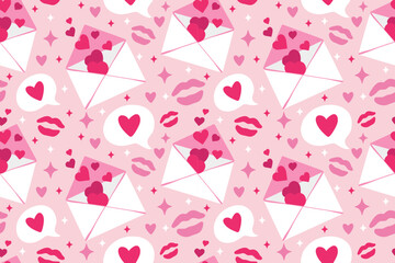Romantic love letter and many kisses for Valentine's day seamless pattern.