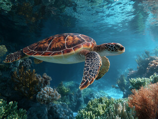 Fototapeta premium Sea turtle swimming peacefully over vibrant coral reef
