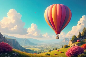Fototapeta premium Hot Air Balloon Soaring Over Surreal Landscape A Whimsical Adventure of Limitless Imagination and Creative Freedom