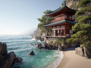 Japanese temple standing on a cliff by ocean beach