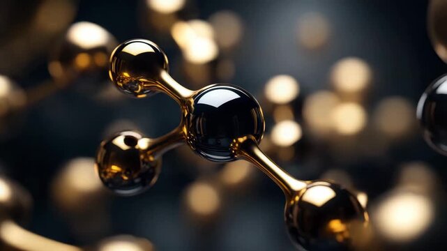 Glossy black and gold molecule, dark background, luxury science, molecular structure, nanotechnology, biotechnology, abstract chemistry, futuristic design, scientific visualization