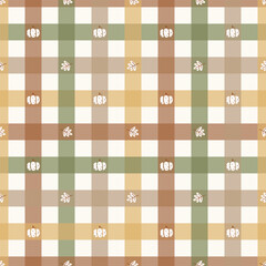 A cozy seamless plaid Gingham pattern with warm autumn tones with Tiny Pumpkins and Foliage add a seasonal touch, perfect for fall textile designs, backgrounds, and and wrapping papers.