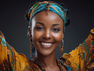 Fototapeta premium Young african woman smiling wearing colorful headscarf and jewelry