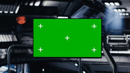 Chroma key monitor in space station surrounded by high tech equipment tracking analytics. Isolated screen display enabling real time mission control and spacecraft hardware troubleshooting
