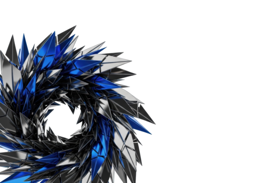 A complex cluster of fractured metallic leaves in a dynamic vortex, iridescent chrome, gunmetal, electric blue, macro detail on white with copy space, concept of digital deconstruction