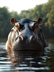 Fototapeta premium A close-up shot of a majestic hippopotamus, its massive head emerges from the serene water, creating a sense of peace and tranquility.
