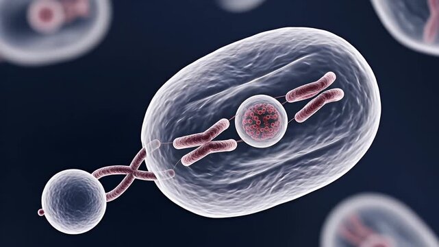 Microscopic view of a dividing cell showcasing chromosomes and cellular structures during mitosis against a dark background with soft focus elements