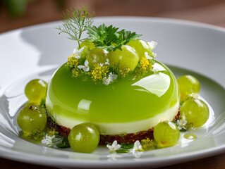 Gourmet grape mousse dessert plating with fresh fruit