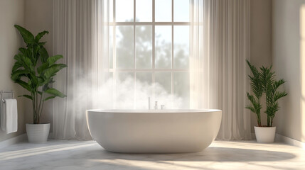 Hyperrealistic image of warm bathwater releasing steam, with a fogged window in the background, evoking relaxation, comfort, and cozy indoor atmosphere.