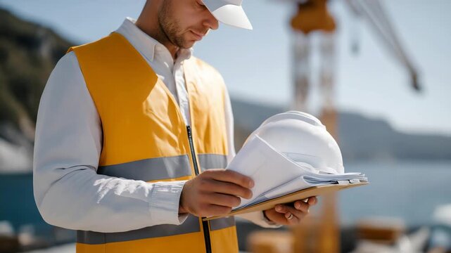An engineer examines a dam blueprint at a construction site, with water rushing nearby, a clipboard noting specs, a hard hat resting, and a crane lifting beams, captured in a robust photo with
