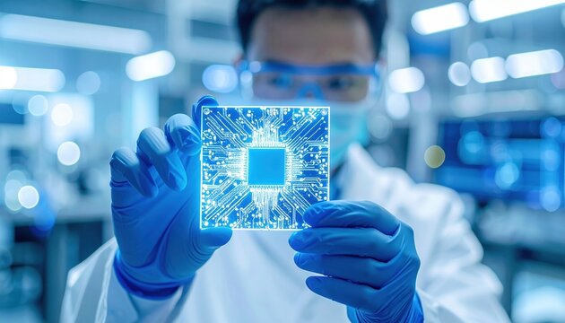 Scientist holding illuminated microchip in laboratory symbolizing AI research, nanotechnology progress and future data processing revolution through advanced digital hardware design
