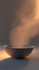 Hyperrealistic steam rising from a bowl in minimal setup with soft lighting and serene composition emphasizing texture warmth simplicity and calm atmosphere in modern still life