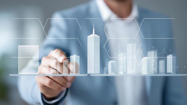 An investor navigates a high-tech real estate dashboard that illustrates rental trends and occupancy rates, embodying market forecasting, strategic asset management, and digital pr