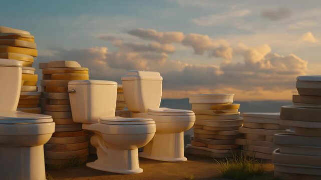 Broken toilets stacked for disposal outside a renovation site symbolize waste management, recycling of sanitary fixtures, industrial plumbing work, and the cycle of replacing outdated bathroom