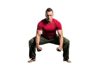 Muscular athlete in crimson shirt executes low horse martial stance on dark tatami mat, bright white studio background, concept of martial discipline and power.