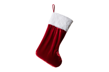 Red christmas stocking with white top hanging on black background