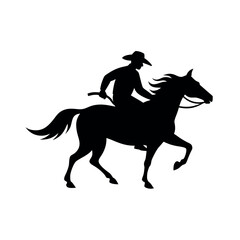Obraz premium Cowboy riding horse silhouette, western wild west design on white background