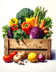 Fresh Vegetables in Wooden Crate - A Colorful Harvest.