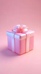 Fototapeta premium Pink Gift Box with Ribbon and Bow on Pink Background.