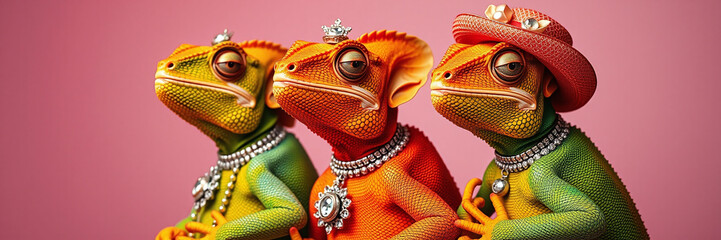 A creative 3D illustration featuring three colorful chameleons dressed in elegant human like clothing, jewelry, and fashionable hats. Banner fashion