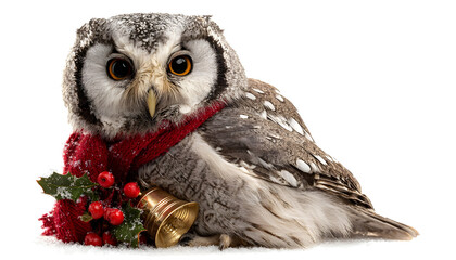 Obraz premium holiday owl, round eyes, wearing red scarf, holding golden bell, holly berry accents, isolated center on solid white background, high detail, professional product photo style