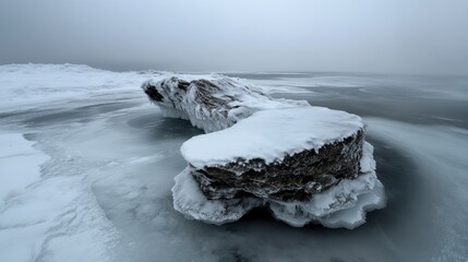 Massive dark rock formation heavily covered in thick fresh snow and intricate natural ice layers on a vast frozen water surface under a bleak cold winter sky above the icy shore