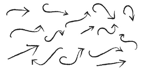 Hand-drawn arrow icons collection &mdash; doodle curved and straight arrows set for presentation, direction, infographic, and sketch design. Creative line art arrows symbolizing movement,