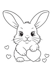 educational printable coloring page of cute bunny holding a heart, editable iso size vector lineart for kids