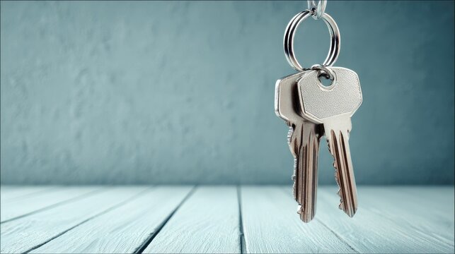 Keys on a keyring hanging against a teal background